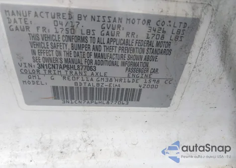 2017 Nissan Versa 1.6 Sv z USA, uszkodzony, nr VIN 3N1CN7AP6HL877063